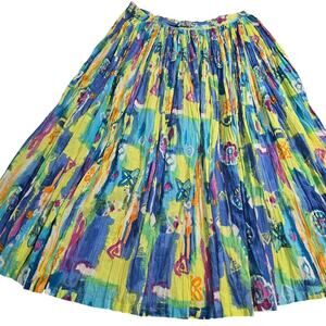 Sandy Starkman Colorful Crinkle Cotton Midi Skirt XL Abstract Boho Artsy Pull On